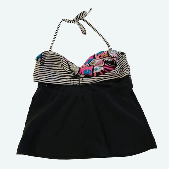 Ocean Pacific Colorful Comic-Print & Striped‎ Halter Bikini Top With Black Skirt - Picture 4 of 6